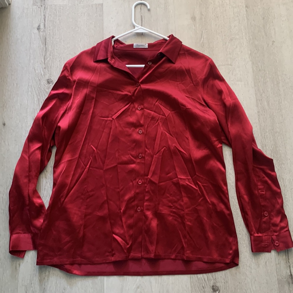 Women's Satin Button-Up Blouse - Red - Picture 10 of 14